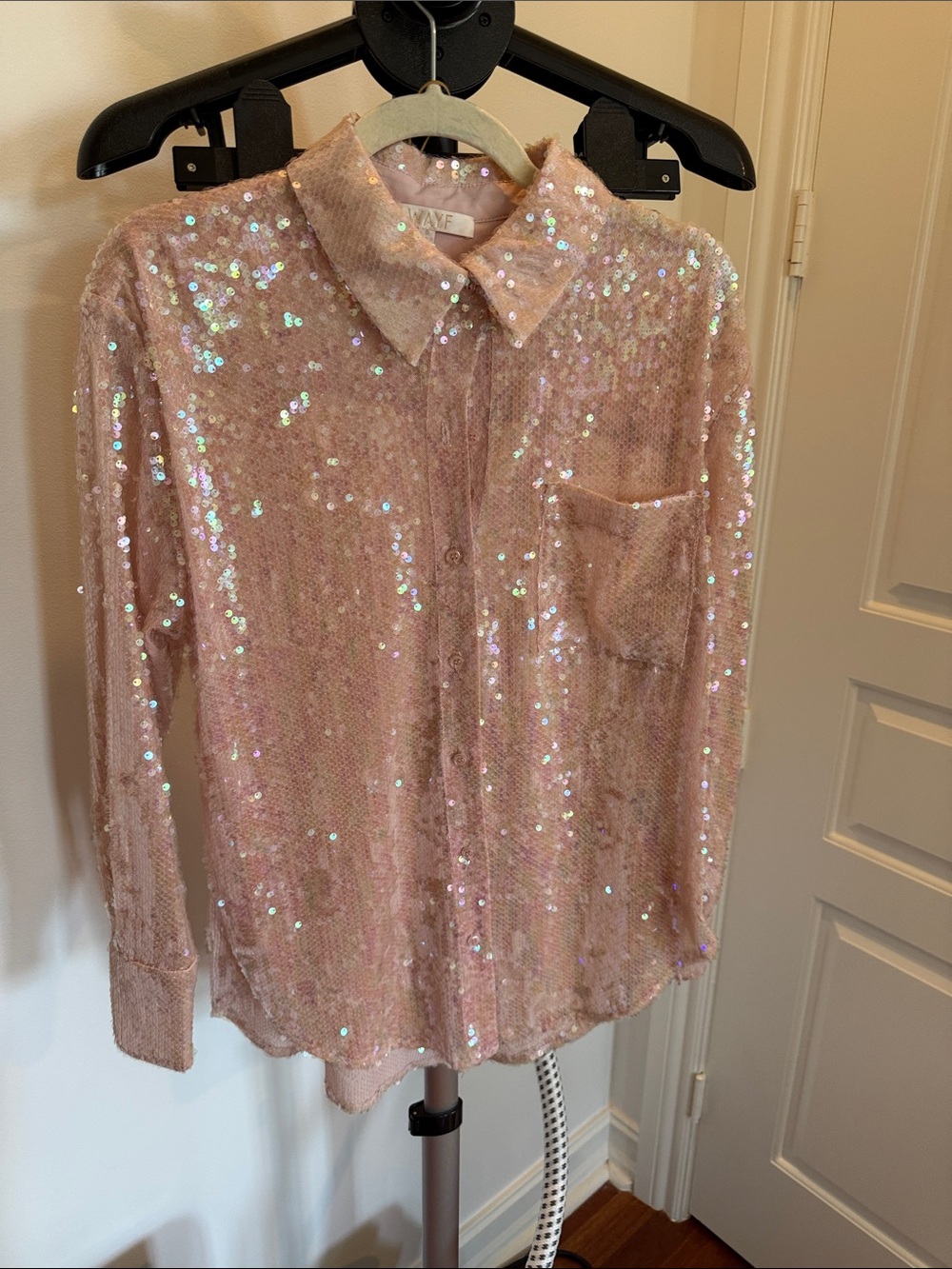 Wayf Blush Pink Sequin Button-Up Shirt